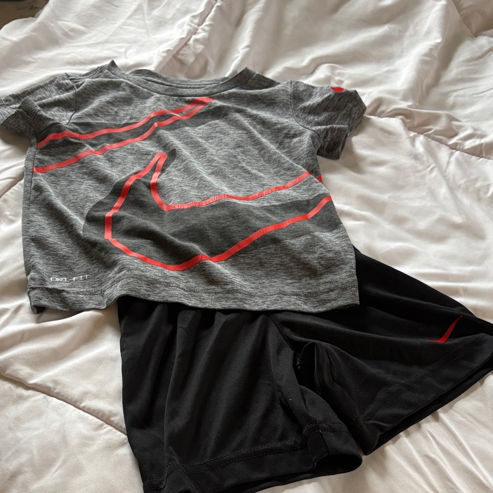Nike Gray Tee with Red Swoosh and Black Shorts Set